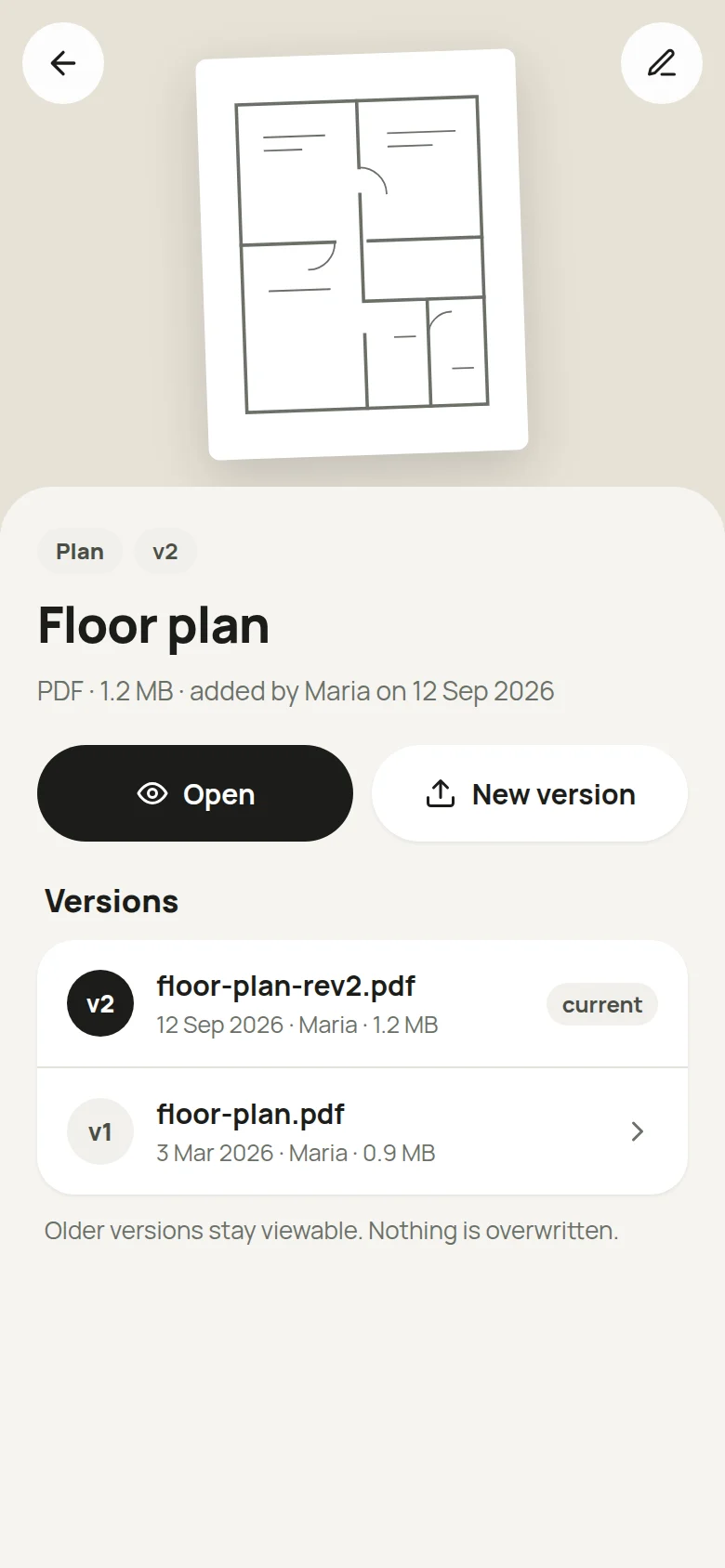 A floor plan document in the app, with its current version and an older one.