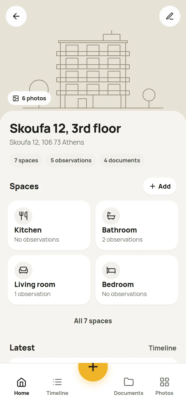 The Home screen of a building in the app: cover photo, spaces, latest entries and documents.