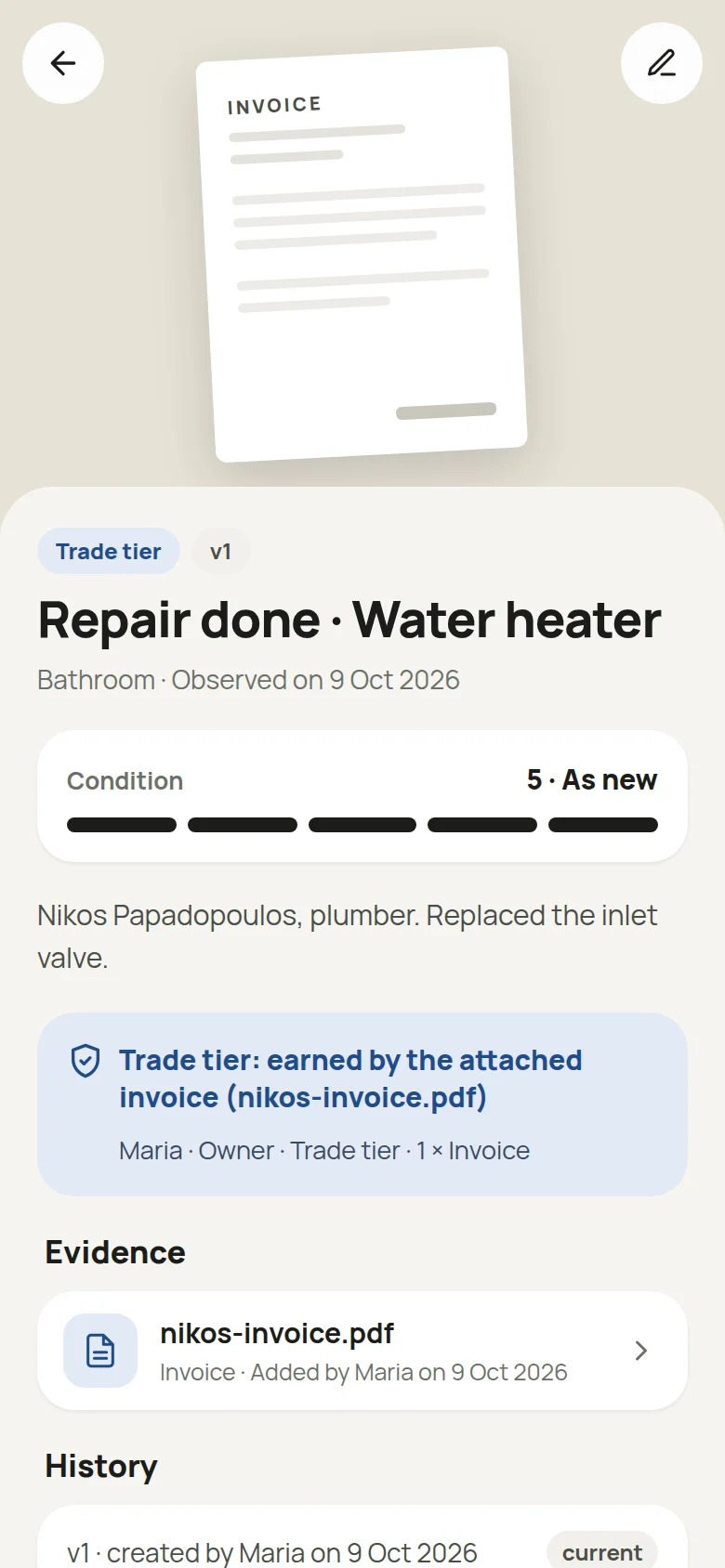 An observation in the app: Trade tier earned by an attached invoice, the evidence and the history.