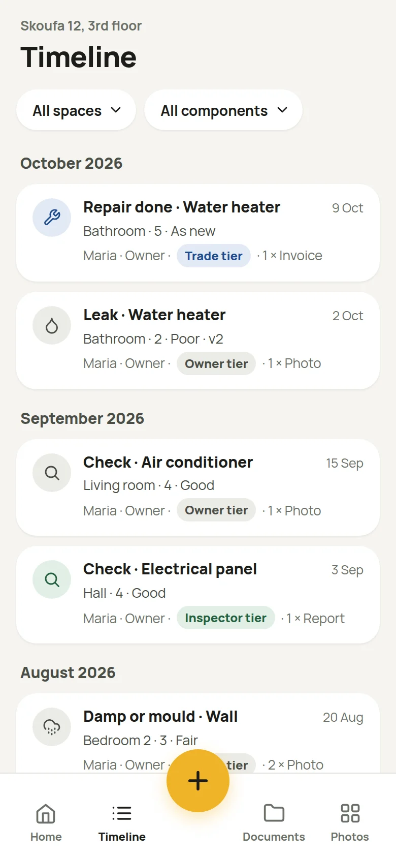The Timeline screen: observations grouped by month, with filters for space and component.